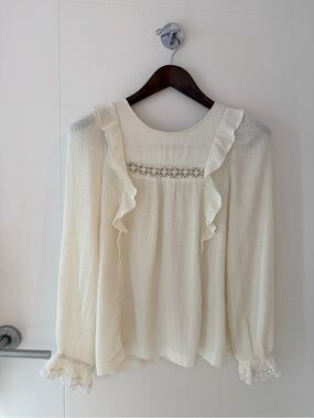 La petite Francaise Women's Cream Ruffle Lace-Trim Blouse
